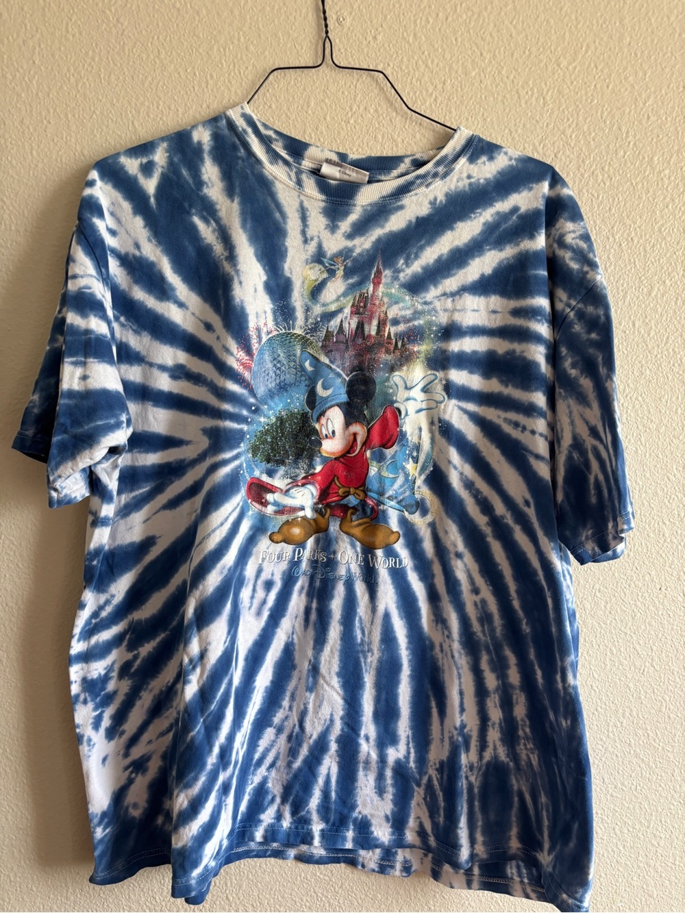 Vintage Disney Blue and White Tie-Dye Mickey Mouse Sorcerer Graphic Tee